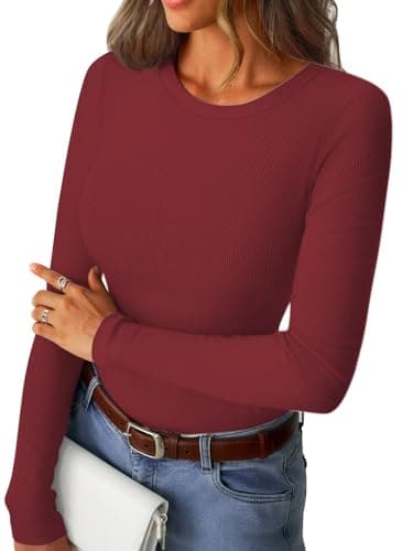 GKBK Ribbed Long Sleeve Tops for Women Fitted Basic Tight T-Shirts Crewneck Cute Layering Tops Lightweight Fall Sweaters 2026 Fashion Outfits Winter Clothes Burgundy