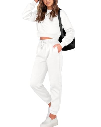 BTFBM Women 2 Piece Outfits Long Sleeve Crop Top Pullover Drawstring Pant Jogger Set Casual Sweatsuits Tracksuit Pockets(White, Large)