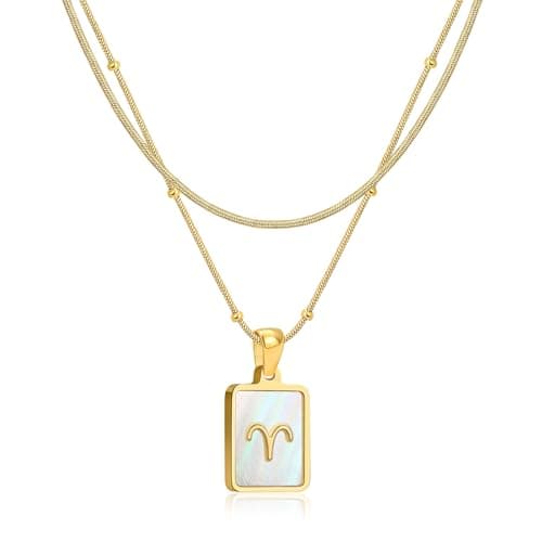 LETFLY Aries Zodiac Gold Necklace Stack for Women, 18K Gold Plated Square Shaped Pendant with Adjustable Layered Snake Chain for Women Jewelry Gifts