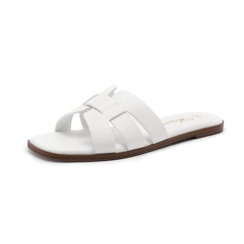 Athlefit Flat Sandals for Women Dressy Summer Square Open Toe White Sandals Comfortable Slip On Leather Slides Size 6