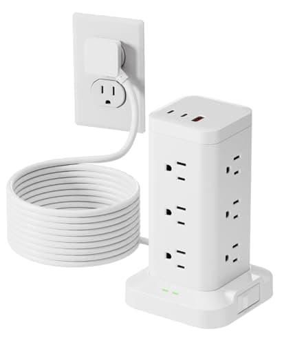 Tagzilo 15-in-1 Power Strip Tower with Surge Protector 1800J, Fast Charging Tower PD20W USB-C Ports with 12 AC Outlets, 15ft Extension Cord for Home Office Dorm Room, White
