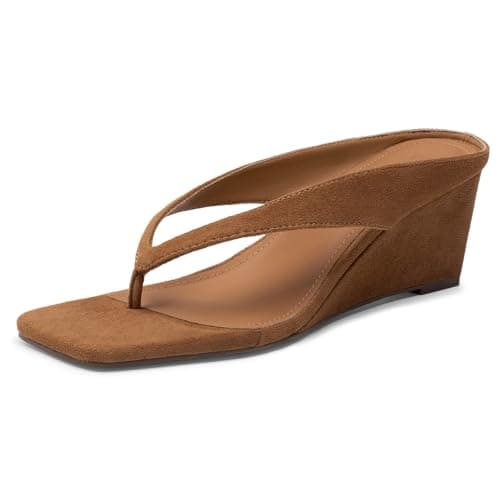 Athlefit Women's Low Wedge Sandals Trendy Dressy Square Open Toe Summer Beach Flip Flops Thong Heeled Sandals, Brown Suede, Size 7, SAPS2613W