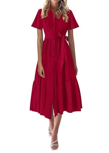 KIRUNDO Summer Button Down Wedding Guest Shirt Dresses for Women Maxi Flutter Short Sleeve Flowy Tiered Beach Sun Dress(Wine Red, Medium)