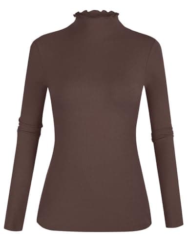 POPZONE Women's Lettuce Trim Mock Neck Long Sleeve Slim Fit Ribbed Knit Tee Shirt (Coffee, X-Large)