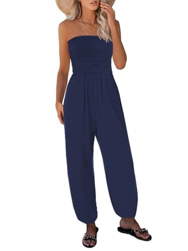 STOLKISS Tube Jumpsuits for Women Strapless Belted Bustier Jumpsuit Backless Long Pants Rompers Thin Foot Sleeve with Pockets