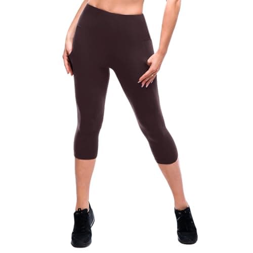 SINOPHANT High Waisted Leggings with Pockets Women, Full Length Capri Buttery Soft Stretchy Yoga Pants(Capri Brown,L-XL)