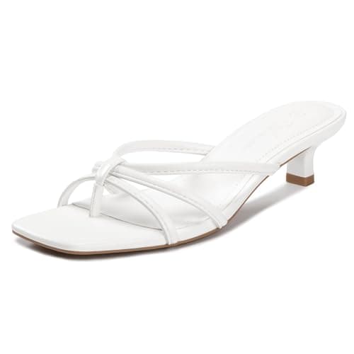 Athlefit White Kitten Heels for Women Strappy Flip Flop Low Heels Square Toe Comfortable Dressy Thong Sandals Size 8