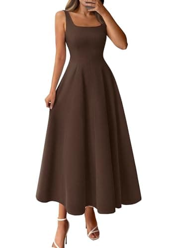 BTFBM Women Elegant Wedding Guest Dress Summer Square Neck Sleeveless Flowy A Line Formal Cocktail Party Maxi Dresses(Brown, Small)