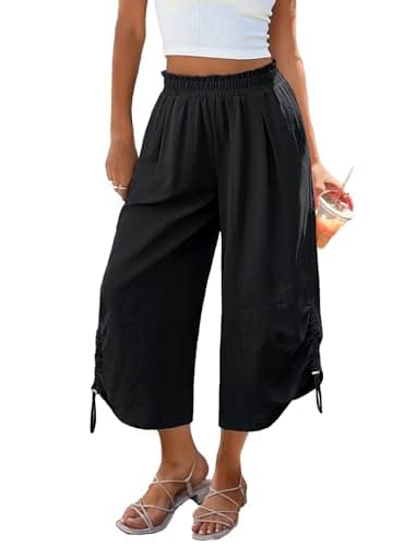 LOOKBOHO Women's Capri Wide Leg Pants Summer Drawstring 2-in-1 Cropped/Ankle Length High Waist Palazzo Flowy Loose Slacks Black Large