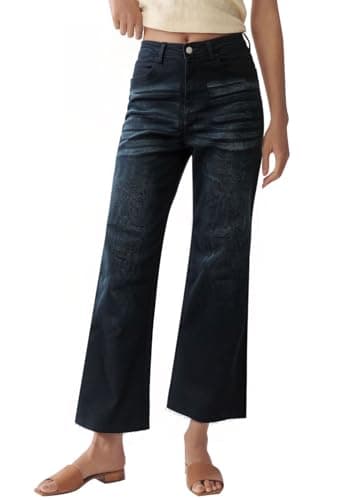 PEIHOT Womens Wide Leg Jeans High Waisted Stretchy Straight Leg Flared Jeans Loose Trendy Frayed Hem Cropped Denim Pants Black