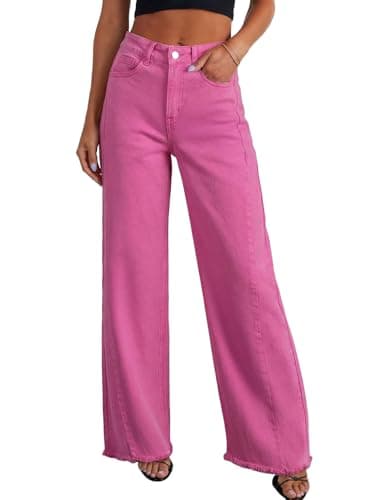 Sidefeel Women's Wide Leg Jeans High Waisted Stretchy Fashion Clothing Denim Pants Size 14 Hot Pink