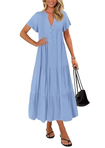 KIRUNDO Summer Maxi Dresses for Women 2026 Spring Fashion Short Sleeve Button V Neck Pleated Loose Tiered Swing Flowy Dress(Light Blue, XX-Large)
