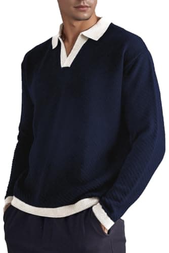 BAYAMO Mens Polo Sweater V Neck Long Sleeve Pullover Sweater Casual Knit Textured Sweater Navy M