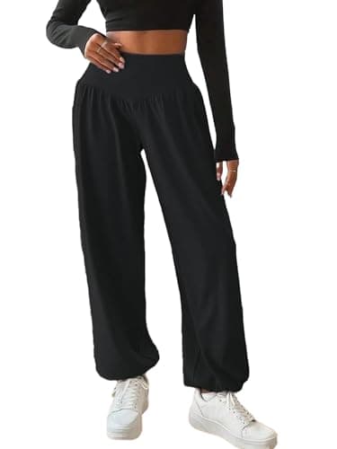 gaimoliso Womens Baggy Wide Leg Pants Casual Loose Elastic Waisted Comfy Harem Pants with Pockets Black