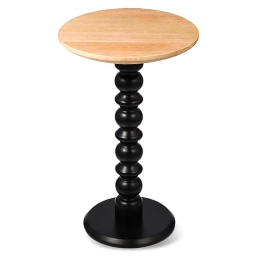 zaowofires Solid Wood Round Side Table, Small Drink Table for Small Spaces, Wooden Base Pedestal End Table Coffee Table for Living Room, Bedroom,Office and Corners (Nature/Black)