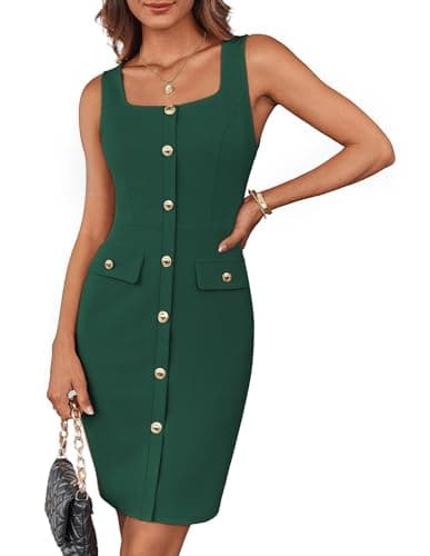 GRACE KARIN Women Summer Sleeveless Bodycon Midi Dress Business Work Buttons Belted Square Neck Dress Dark Green L