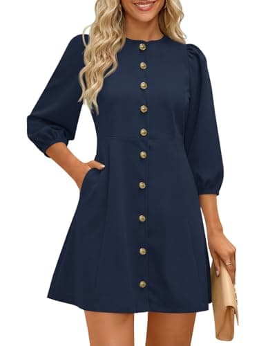Wenrine Womens Summer Mini Dresses Casual Crewneck 3/4 Lantern Sleeve Button Down A Line Business Work Dress Navy