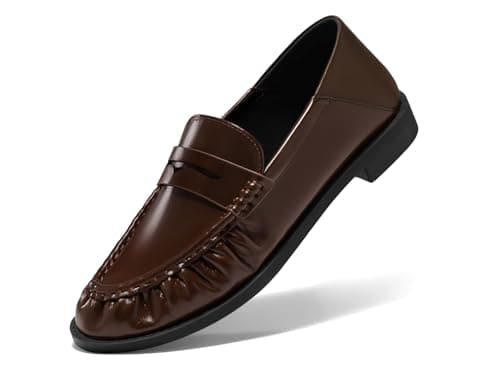 Coutgo Womens Penny Loafers for Women Comfortable Slip on Shoes Collapsible Heel Closed Toe Dressy Casual Work Flats, Dark Brown, Size 10
