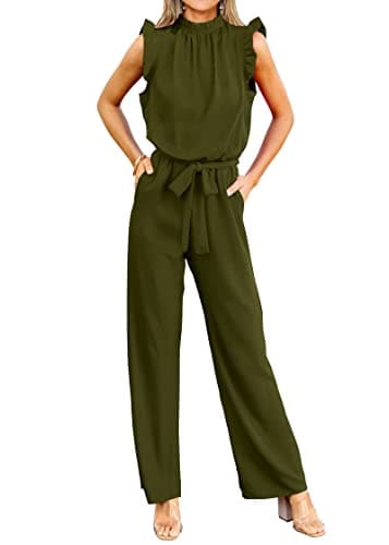 KIRUNDO Jumpsuits For Women Dressy Summer One Piece Sleeveless Ruffle Mock Neck Belt Pockets Formal Wide Leg Pants Romper(Army Green, Large)