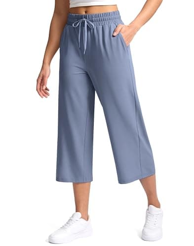 Soothfeel Women's Capri Pants Loose High Waisted Wide Leg Lightweight Travel Hiking Pants for Women Casual Summer with Pocket Dusty Blue S