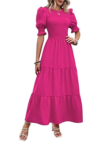BTFBM Women Casual Summer Dresses 2025 Spring Crew Neck Ruffle Short Sleeve Floral Print Smocked Boho Flowy Maxi Dress(Solid Rose Red, Large)
