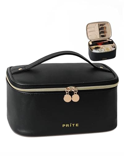 Prite Makeup Bag, Large Capacity Portable Travel Cosmetic Bag, Waterproof Makeup Organizer for Women with Handle and Divider (001 Black)