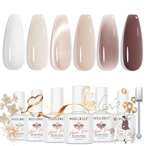 modelones Jelly Gel Nail Polish Set,Cat Eye Gel Polish Nude Brown White Jelly Neutral Skin Tone Hema Free 6 Colors Wedding Gel Polish Set Sheer Transparent Effect DIY French Nail Art Gifts for Women