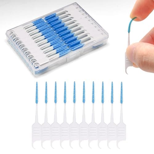 ACSKD 300PCS Dental Floss Picks,Dual-Use Interdental Brushes,Soft Silicone Brush Head Toothpicks, Tooth Picks Flossers for Teeth Braces Cleaning (Blue)