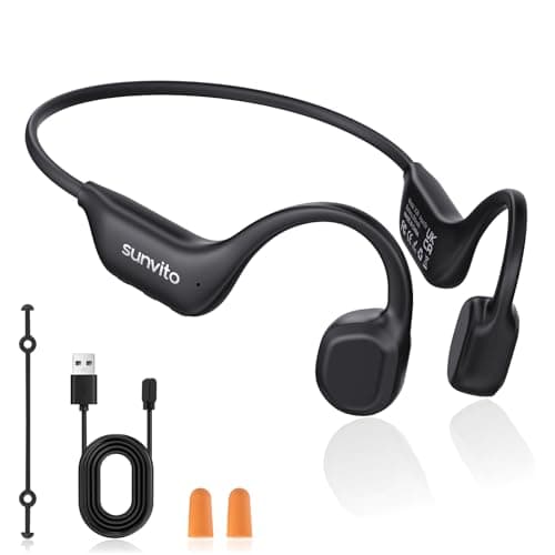 sunvito Bone Conduction Headphones, Open-Ear Bluetooth Wireless Sport Headphones, Ipx6 Waterproof Lightweight Earphones with Earbuds for Running Sports, Gym, Cycling, Long 10H Playtime, Black