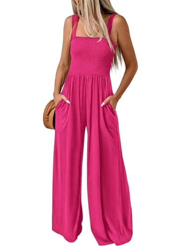KIRUNDO Womens Overalls Dressy Casual Wide Leg Sleeveless One Piece Smocked Jumpsuits for Women Rose Red Wide Strap Long Pant Rompers Travel Outfits(Rose Red, Small)