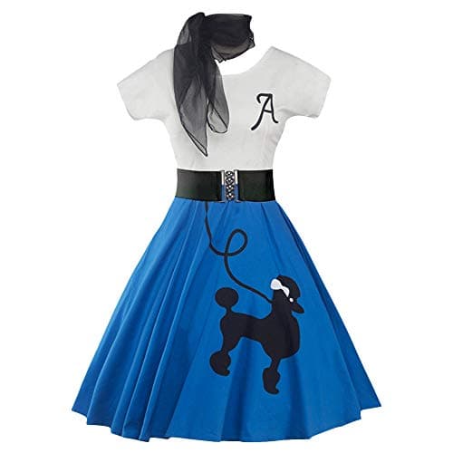ZEZCLO Women's Retro Poodle Print Skater Dress Vintage High Waist Rockabilly Swing Tee Cocktail Party Dresses Deep Blue L
