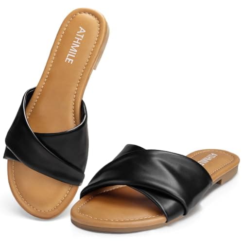 ATHMILE Sandals Women Dressy Summer Flat Comfortable Fashion Beach Cute Ladies Slides Leather Casual Dress Women's Sandals 2025 Black Size 9