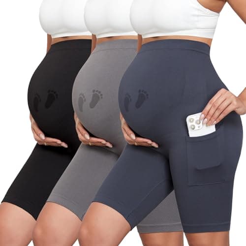 Y25D Maternity Biker Shorts with Pockets 8" Over Belly Seamless Athletic Yoga Workout Running Lounge Shorts