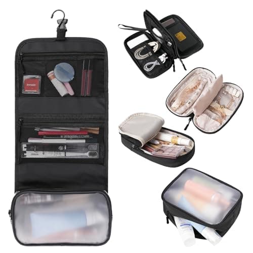 Idcymoul Travel Toiletry Bag 5-Piece Kit, Hanging Toiletries Bag+TSA Approved Cosmetic Bag+Jewelry Bag+ Brush Bag+Cable Bag, Professional Travel Essentials Accessories Organizer for Women- Black