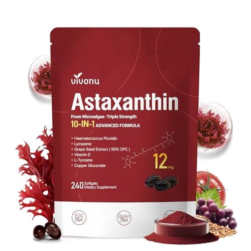 10 in 1 Astaxanthin 12mg Supplements, 4 Month Supply, Astaxantina Antioxidant from Fresh Haematococcus Pluvialis, Contains Lycopene, Grape Seed, Vitamin E, & More Supports Eye, Joints, Skin Health