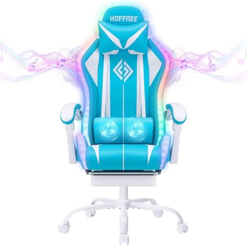 HOFFREE RGB Gaming Chair with Speakers Massage Computer Gaming Chair with LED Lights and Footrest High Back Video Game Chair for Adults Light Blue and White