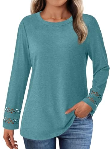 GKBK Womens Long Sleeve Tops Business Dressy Casual Blouses Crew Neck Loose Fit Lightweight T Shirts Cute Work Tee Ladies Tunic 2025 Fall Winter Fashion Clothes Trendy Outfits Cyan M