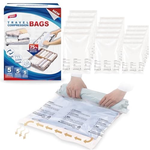 TAILI 15 Travel Compression Bags, Roll Up Space Saver Bags (5 Small+5 Medium+5 Large), Hand Roll Packing Storage Bags for Luggage, Suitcase and Cruises, No Pump or Vacuum Needed, Cream