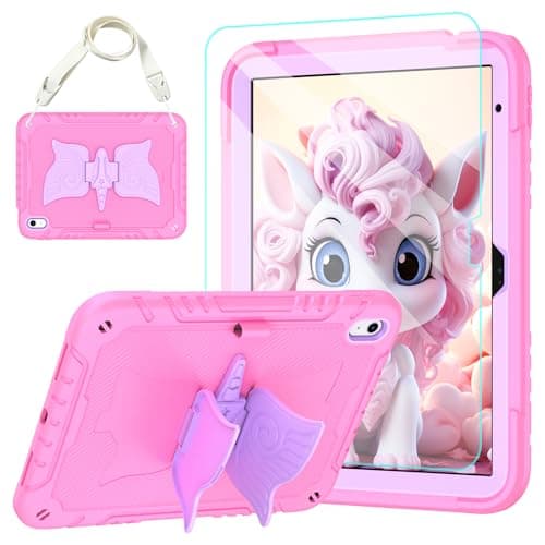 TOMORRY for iPad (A16) 11th Generation 11 Inch 2025/iPad 10th Generation Case 10.9 Inch 2022 with Tempered Glass Screen Protector,Unicorn Stand,Shoulder Strap,for iPad 10 Case Kids Girls (Pink)