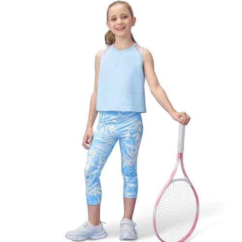 Gogokids Girls' Activewear Workout Set 2 Piece Athletic Sets Sleeveless Mesh Tank Tops and Capris Leggings Yoga Pants, Blue(140/9-10 Years)