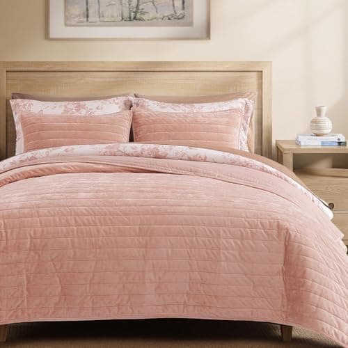 WRENSONGE Velvet King Size Quilt Set-3 Pieces Clay Pink Luxurious Velvet Striped Channel Comforter with 2 Shams, Soft Bedspread Coverlet Quilted Bedding Set for All Season