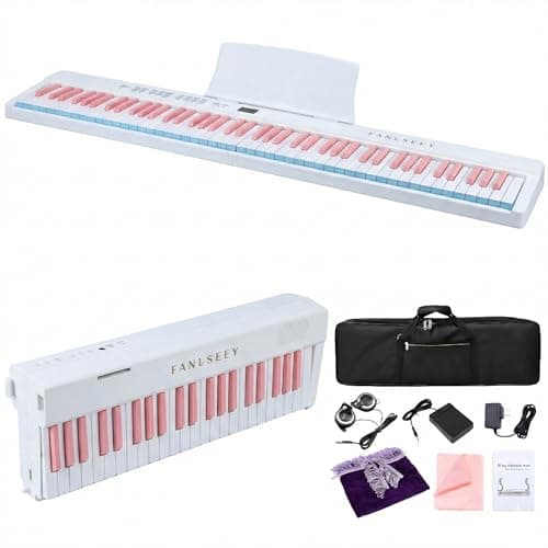 88-Key Folding Piano Keyboard, Full Size Light-Up Velocity Sensitive Keys Electric Piano, 7.5lbs Portable Digital Piano with Dual Bluetooth & MIDI, Beginner Kit with Sustain Pedal, Bag(Pink)