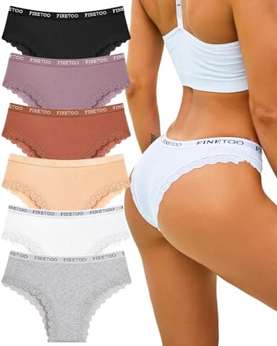 FINETOO Cotton underwear for women Cheeky Bikini Panties Low Rise Soft Lace Hipster Sexy Panty for Dailywear 6 Pack