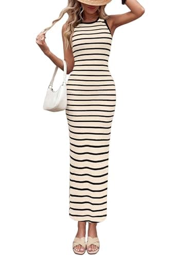 PRETTYGARDEN Sundresses for Women 2026 Summer Striped Knit Side Slit Spring Fashion Bodycon Maxi Dress Beach Vacation Clothes (Beige,XX-Large)