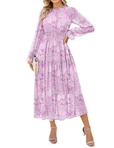 GRACE KARIN Women's Long Sleeve Maxi Dress 2026 Chiffon Flowy Wedding Guest Dresses Floral Dress with Pockets Purple 2XL