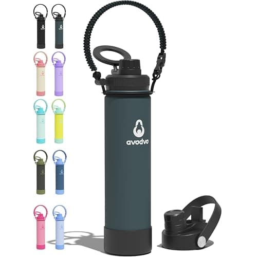 avodvo 24 oz Insulated Water Bottle with 2 Lids (2-in-1 Straw & Spout Lid, Magnetic Lid), Slim Water Bottle with Strap, Stainless Steel Water Bottle for Hiking, Gym, Travel, BPA-Free, Indigo/Black