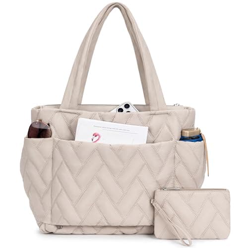 nuoku Puffer Tote Bag for Women, 20L Large Capacity, Lightweight Quilted Shoulder Bag with Multiple Compartments and Zipper for Work, Travel, Gym - Khaki