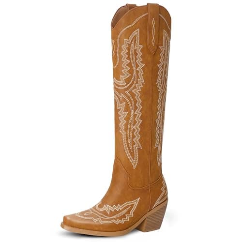 LeunDen Tan Cowboy Boots for Women, Knee High Cowgirl Boots Women with Pointed Toe, Block Heel Embroidery Western Boots Tall Long Boots Size 8.5