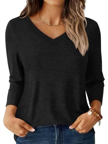 GKBK Womens Tops 3/4 Sleeve Shirts V Neck Casual Blouses Basic Loose Fit Pullover Tshirts Black L