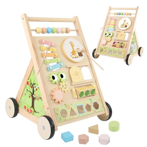 Wooden Baby Walker with Wheels Baby Push Walker for Boys Girls 6-12 Months Wooden Walker Activity Center Walking Toys for 1 Year Old Learning to Walk Sit to Stand Walker for Baby 12-18 Months Push Toy
